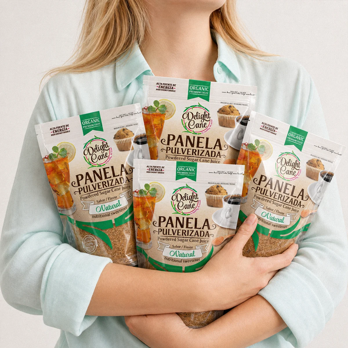 Branding y packaging de panela Delight Cane de origen colombiano.